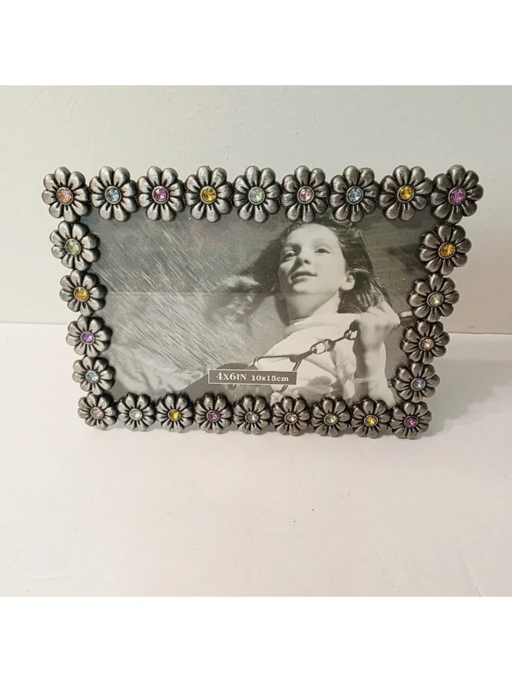 Vtg Floral Silver Tone Rhinestone Accent Free Standing Wall Photo Picture Frame